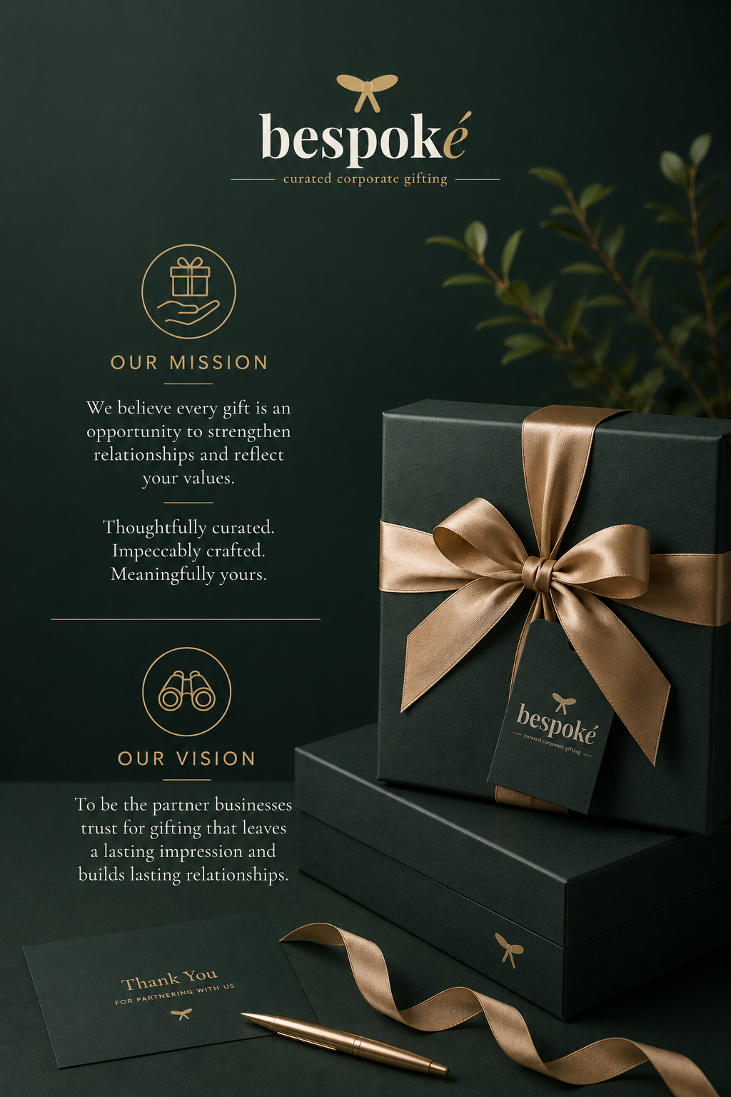 bespoké-branded gift boxes, ribbon, and a thank-you card