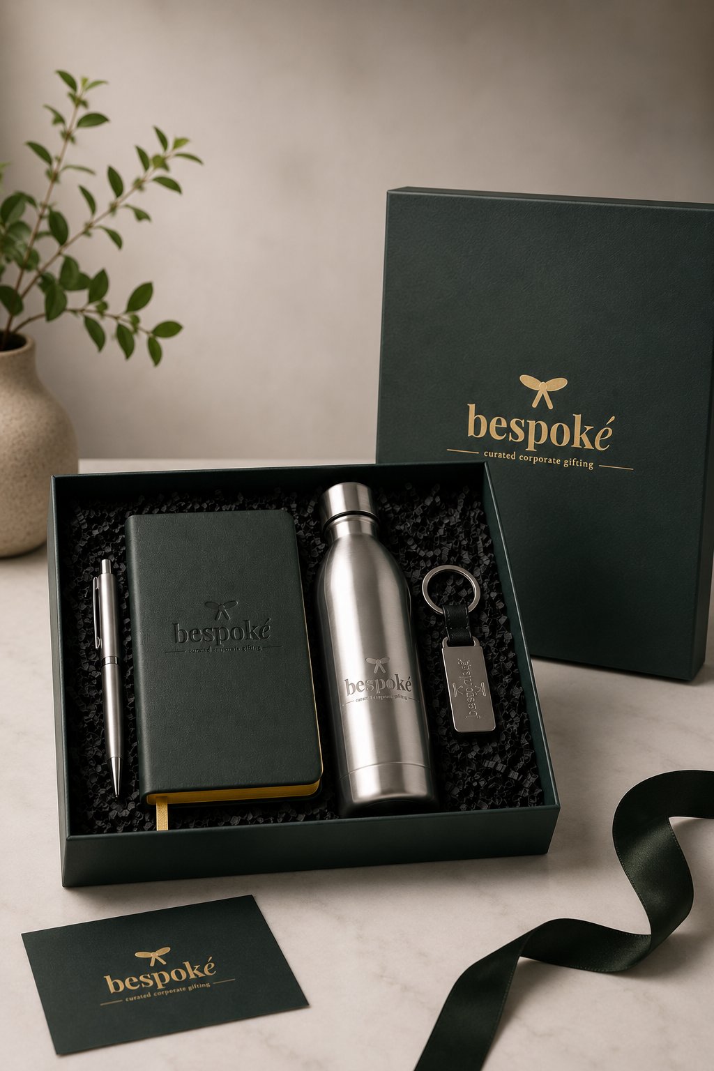 A bespoké curated corporate gift box — branded leather notebook, steel water bottle, pen, and keychain presented in a deep-green box with gold foil.